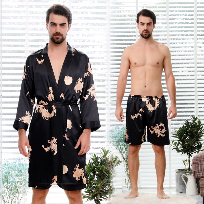 Couple Silk Printed Nightgown Chinese Style Women's Pajamas Men's Long-Sleeved Silk Bathrobe 88007-2 - Image 1