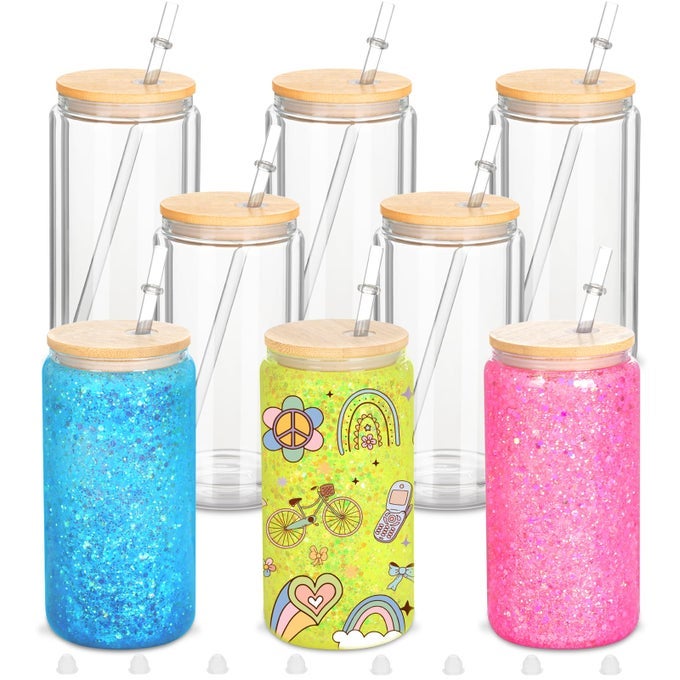 8 PACK 16 OZ SUBLIMATION SNOW GLOBE TUMBLER SNOW GLOBE CUPS WITH PRE DRILLED HOLE DOUBLE WALL BEER CAN GLASS MASON JAR MUG WITH BAMBOO LIDS AND STRAWS FOR SNOWGLOBE DIY