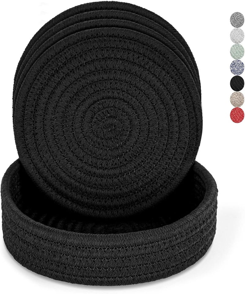 Cazzon Trivets for Hot Dishes Pots and Pans Hot Pads with Storage Basket Pot Holders for Kitchen Heat Resistant Mat Protect Counter Home Essentials Farmhouse Decor Black 4 PCS - Image 1
