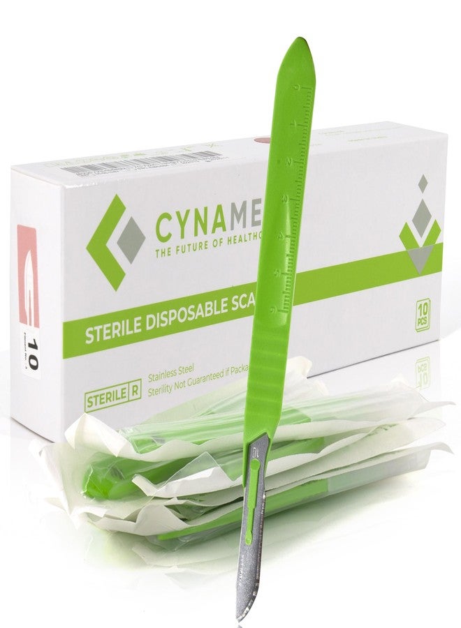 Cynamed Disposable Scalpel Blades| Sharp, Tempered Stainless-Steel Blades | Pack of 10 Sterile Scalpel Knives| Plastic Handle| Individual Pouches| for Dermaplaining, Podiatry, Crafts & More (No.10) - Image 1