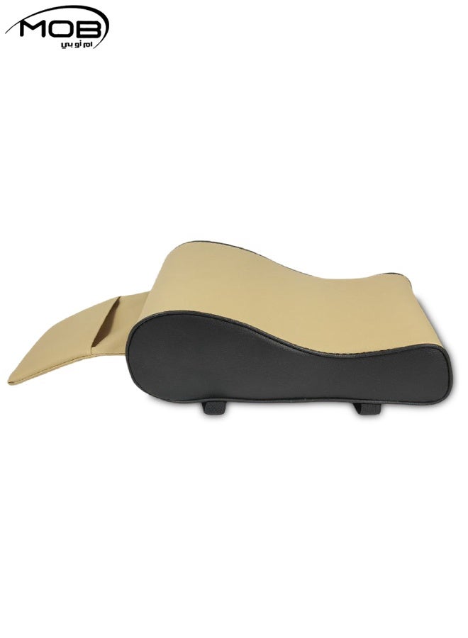 MOB Universal Car Armrest Cushion with Memory Foam Support Beige PU Leather Center Console Armrest Pad with Phone Pocket Comfortable Elbow Support, Pressure Relief, Anti-Slip Adjustable Straps Fits Cars, SUVs, MPVs, Trucks - Image 1