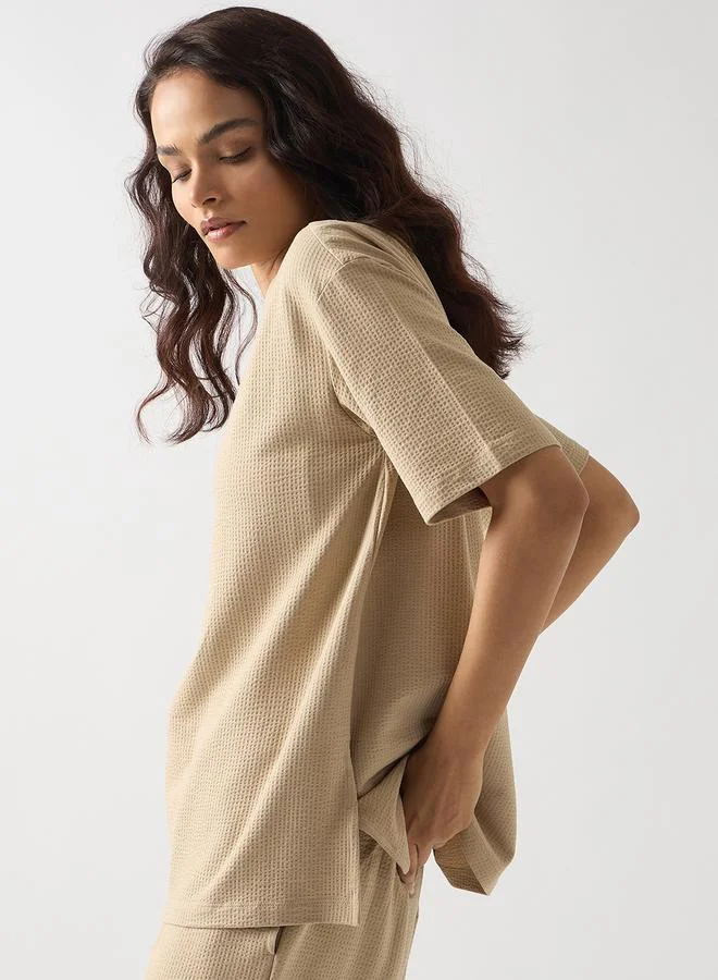 Femmella Beige Cotton Short Sleeve Knit T-Shirt