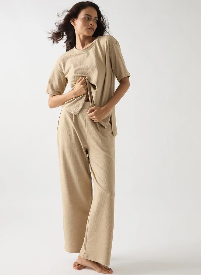 Femmella  Beige Cotton Short Sleeve Knit T-Shirt for Women | Best Price UAE