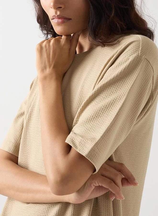 Femmella  Beige Cotton Short Sleeve Knit T-Shirt for Women | Best Price UAE