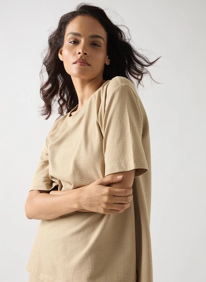 Femmella  Beige Cotton Short Sleeve Knit T-Shirt for Women | Best Price UAE