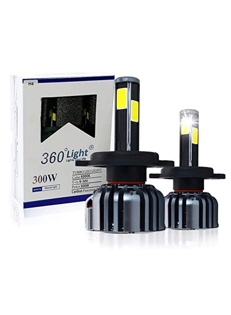 إضاءة H4 LED لمبات المصابيح الأمامية مجموعة تحويل السيارات للسيارة 4 جوانب شعاع ساطع 6000K أبيض بارد 9000 لومن طاقة عالية 300 وات - Image 1