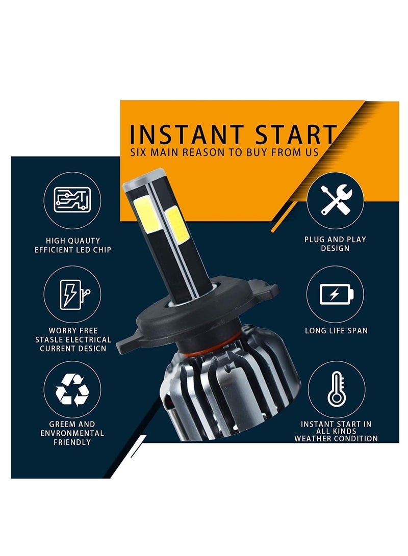 إضاءة H4 LED لمبات المصابيح الأمامية مجموعة تحويل السيارات للسيارة 4 جوانب شعاع ساطع 6000K أبيض بارد 9000 لومن طاقة عالية 300 وات - Image 3