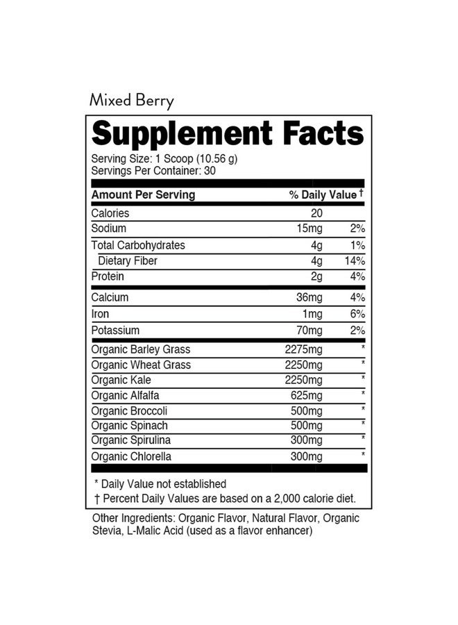 Bucked Up Greens Superfood Powder Mixed Berry | 8 Most Essential Mixed Greens | Certified 100% Organic | Chlorella, Spinach, Kale, Spirulina, Alfalfa, Broccoli, Wheat Grass, & Barley Grass | 30 SERV | 11.17 OZ - Image 2