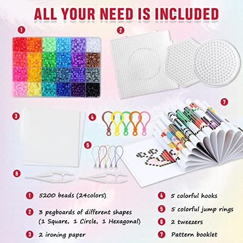 QUEFE 5200pcs Fuse Beads Kit for Boys and Girls, 24 Colors 5mm Melting Beads Set Including Pegboards, Ironing Paper, Tweezers, Colorful Hooks for Birthday and Christmas Gift - Image 2