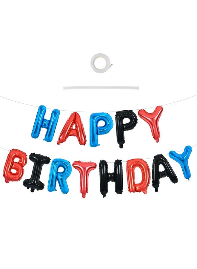 TONIFUL Happy Birthday Balloons with Ribbon Straw, 16 Inch Mylar Letters Birthday Sign Banner Bunting Reusable for Girls Boys Kids & Adults Party Decorations Supplies（Blue Red Black） - Image 1