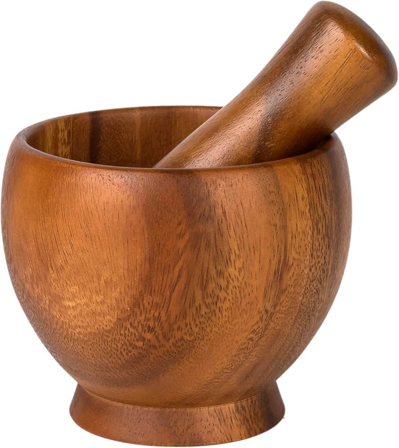 Billi Acacia Wood Mortar and Pestle Set – Ø12.5 x H10.5 cm Mortar, Ø4 x H14 cm Pestle – Durable Natural Wood Spice Grinder for Kitchen - Image 1