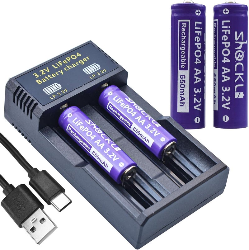 funkawa Shockli AA 3.2V Rechargeable Solar Battery with LiFePO4 Charger, AA 3.2 Volt LiFePO4 Solar Battery (4-Pack) for Panel Outdoor Garden Lights - Image 1
