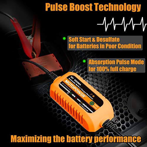 MOTOPOWER 12V 1000mA Automatic Charger - Battery Maintenance - Maintain Charger and Battery Desulfator with Timer Protection. - Image 3
