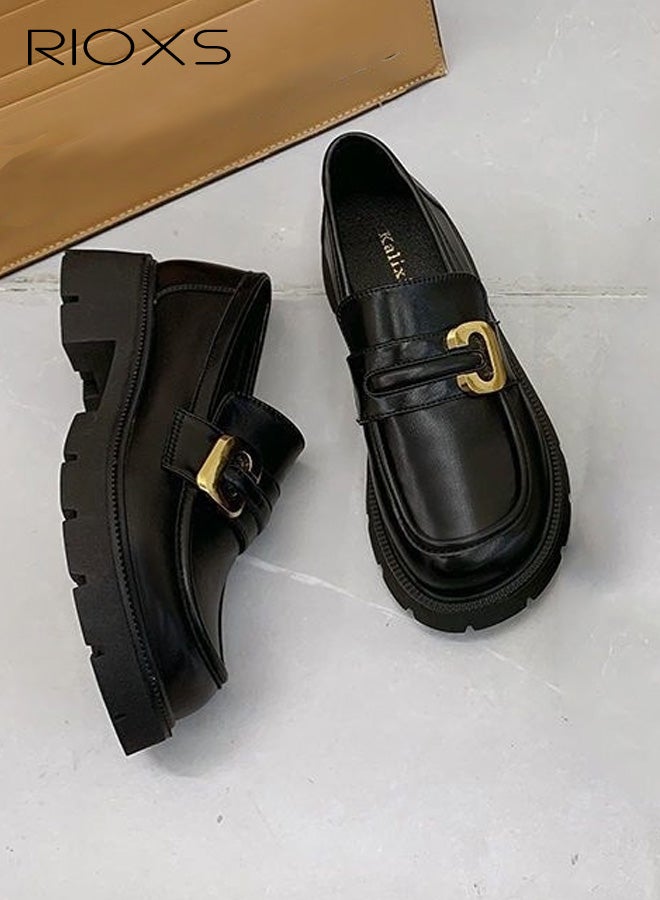 RIOXS Women's Chunky Platform Loafers, Casual Comfortable Leather Slip on Loafers,  Business Work Oxford Dressy Shoes with Metal Buckle for Dating Vacation Party, Black - Image 4