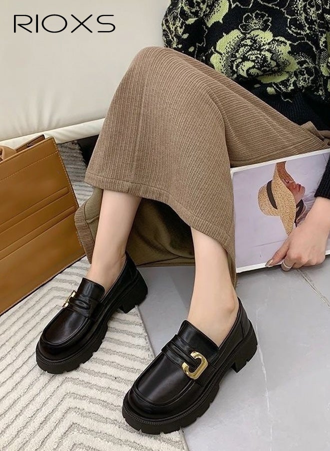 RIOXS Women's Chunky Platform Loafers, Casual Comfortable Leather Slip on Loafers,  Business Work Oxford Dressy Shoes with Metal Buckle for Dating Vacation Party, Black - Image 3