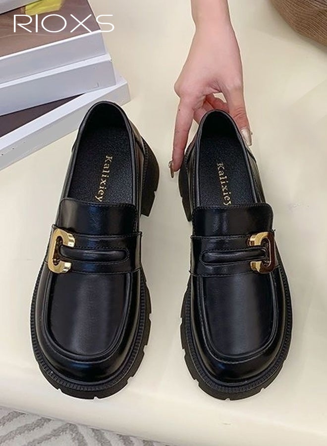 RIOXS Women's Chunky Platform Loafers, Casual Comfortable Leather Slip on Loafers,  Business Work Oxford Dressy Shoes with Metal Buckle for Dating Vacation Party, Black - Image 5