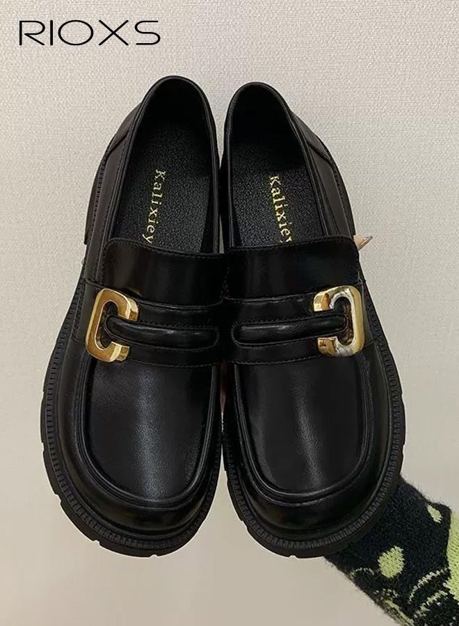 RIOXS Women's Chunky Platform Loafers, Casual Comfortable Leather Slip on Loafers,  Business Work Oxford Dressy Shoes with Metal Buckle for Dating Vacation Party, Black - Image 2