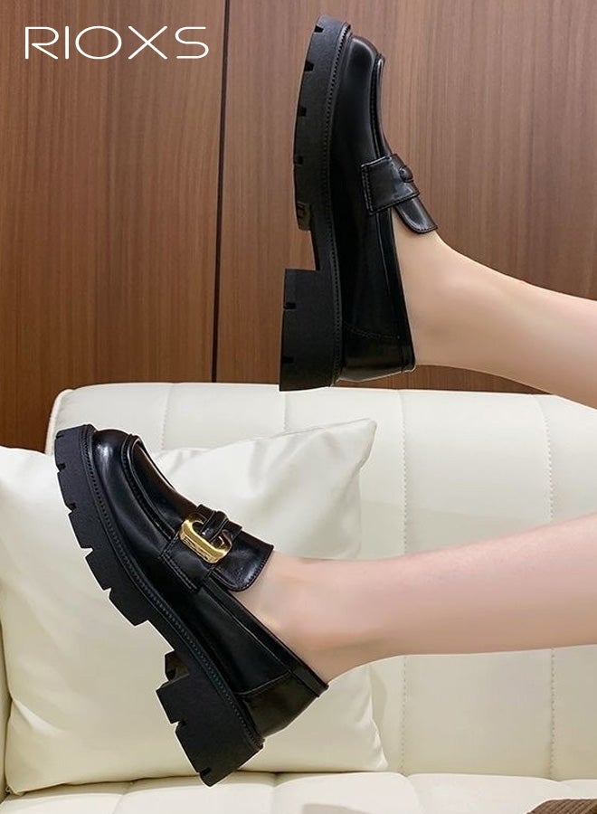RIOXS Women's Chunky Platform Loafers, Casual Comfortable Leather Slip on Loafers,  Business Work Oxford Dressy Shoes with Metal Buckle for Dating Vacation Party, Black - Image 3