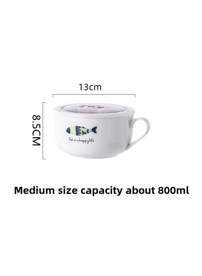 Ceramic Instant Noodle Bowl Rice Bowl Bowl With Lid And Handle Fresh-keeping Bowl Instant Noodle Bowl Bento Box Soup Bowl For Work Microwave-Specifications:Medium Happy Fish  - Image 1