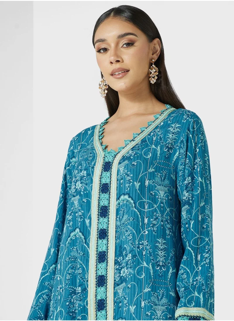 كشخة Lettuce Neck Floral Print Jalabiyya