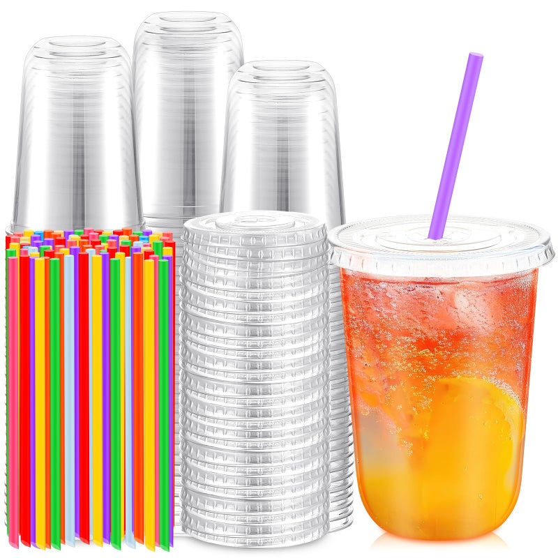 Ziliny 100 Pack Clear Plastic Cups With Flat Lids and Straws Disposable Drinking Cups for Iced Coffee Cold Drinks Juice Smoothies Milkshakes 16 oz - Image 3