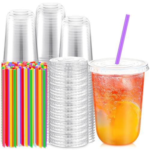 Ziliny 100 Pack Clear Plastic Cups With Flat Lids and Straws Disposable Drinking Cups for Iced Coffee Cold Drinks Juice Smoothies Milkshakes 16 oz - Image 2