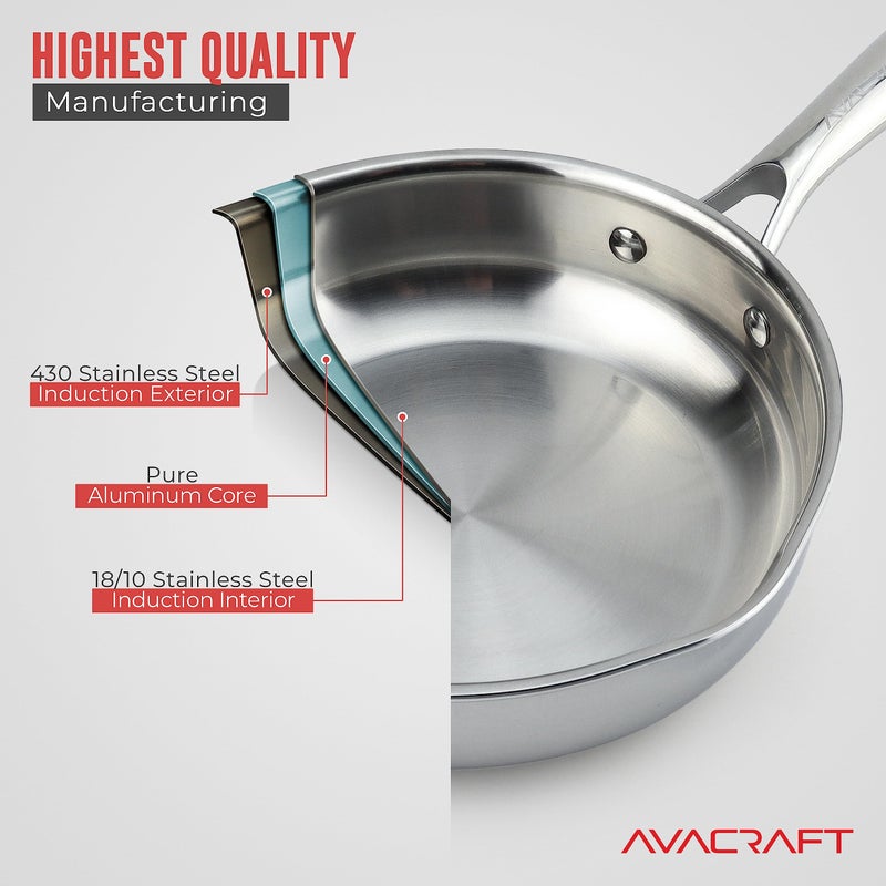 AVACraft مقلاة AVACRAFT 8 بوصة من الفولاذ المقاوم للصدأ ثلاثي الطبقات مع غطاء، فوهات جانبية، مقلاة تحريض، مقلاة فولاذية متعددة الاستخدامات، مقلاة في أواني الطهي لدينا (فولاذ مقاوم للصدأ ثلاثي الطبقات، 8 بوصة) - Image 3