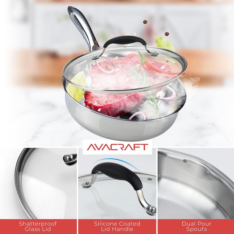 AVACraft مقلاة AVACRAFT 8 بوصة من الفولاذ المقاوم للصدأ ثلاثي الطبقات مع غطاء، فوهات جانبية، مقلاة تحريض، مقلاة فولاذية متعددة الاستخدامات، مقلاة في أواني الطهي لدينا (فولاذ مقاوم للصدأ ثلاثي الطبقات، 8 بوصة) - Image 5