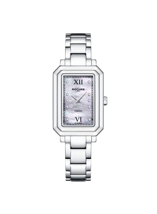 Rochas Ladies 22x32 mm Swiss Watch with White Mother-of-Pearl Dial and Stainless Steel Bracelet + 8 pcs 1.0mm Diamonds on Dial - RWF219B