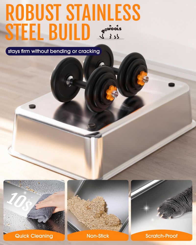 Powools Cat Litter Box - Stainless Steel Litter Box with Lid for Kitty, Metal Base Enclosed Cat Box with Litter Scoop, Elevated Step Box, Activated-Carbon Pack, 17.1" x 13.2" x 15", Grey - Image 3