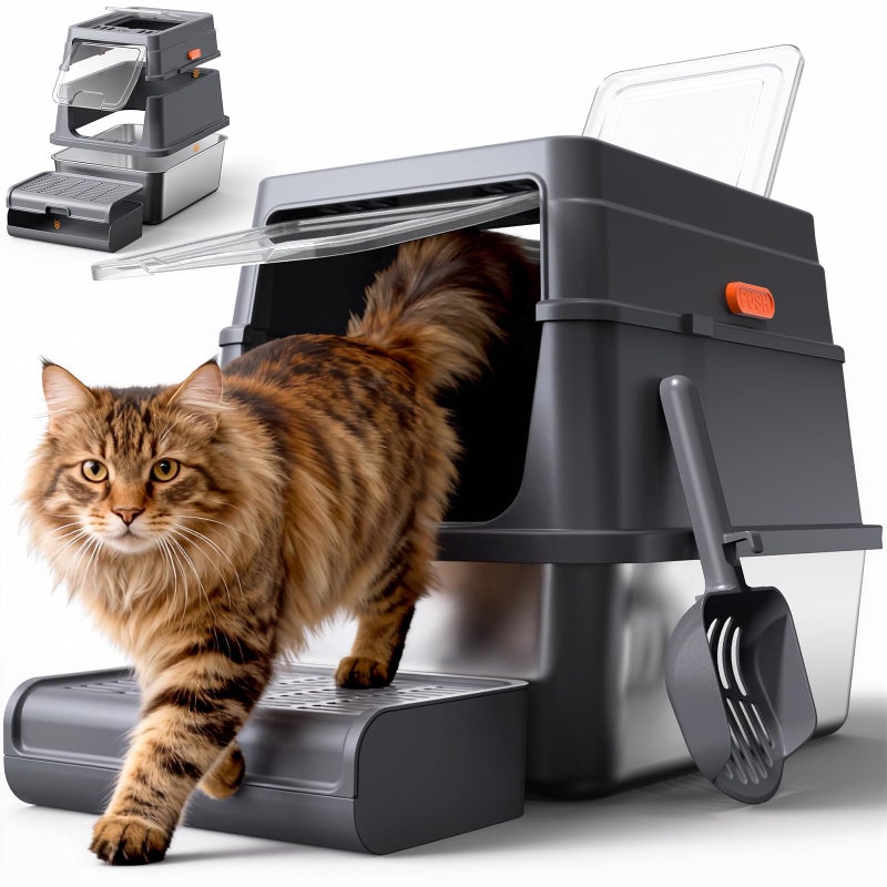 Powools Cat Litter Box - Stainless Steel Litter Box with Lid for Kitty, Metal Base Enclosed Cat Box with Litter Scoop, Elevated Step Box, Activated-Carbon Pack, 17.1" x 13.2" x 15", Grey - Image 1