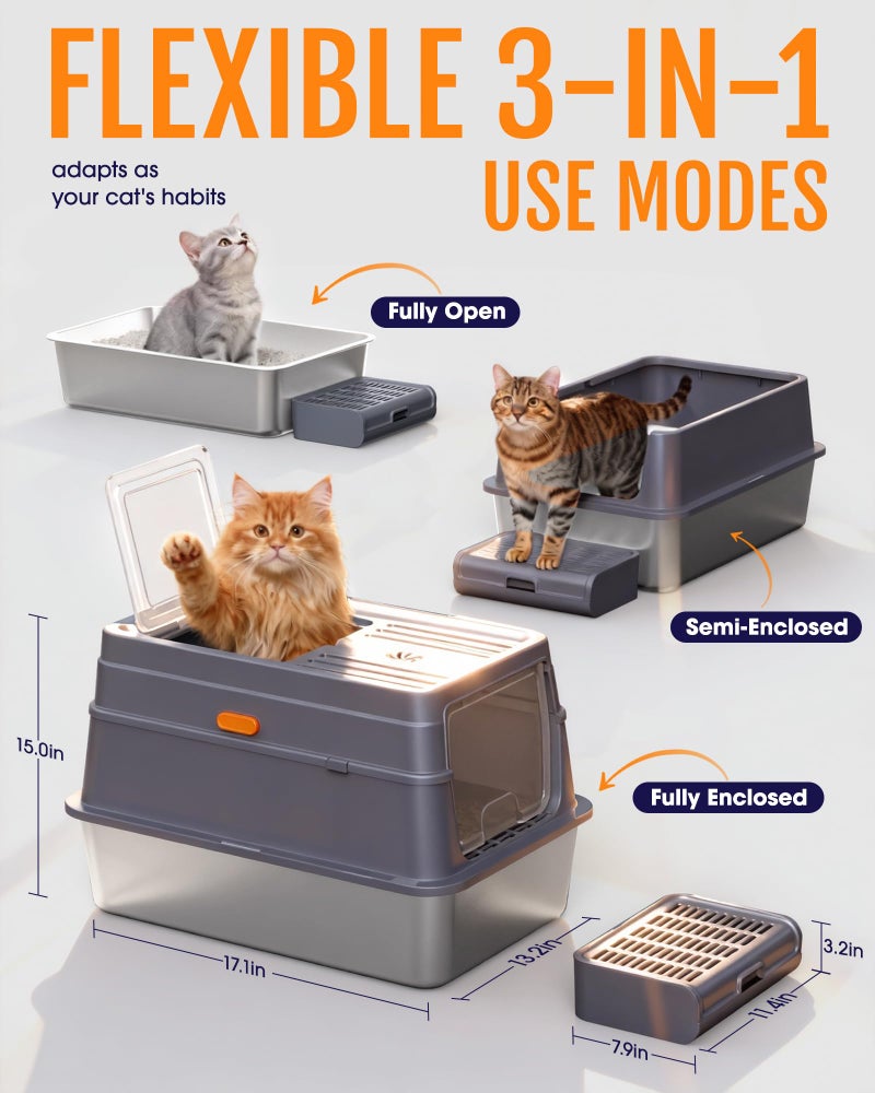 Powools Cat Litter Box - Stainless Steel Litter Box with Lid for Kitty, Metal Base Enclosed Cat Box with Litter Scoop, Elevated Step Box, Activated-Carbon Pack, 17.1" x 13.2" x 15", Grey - Image 5