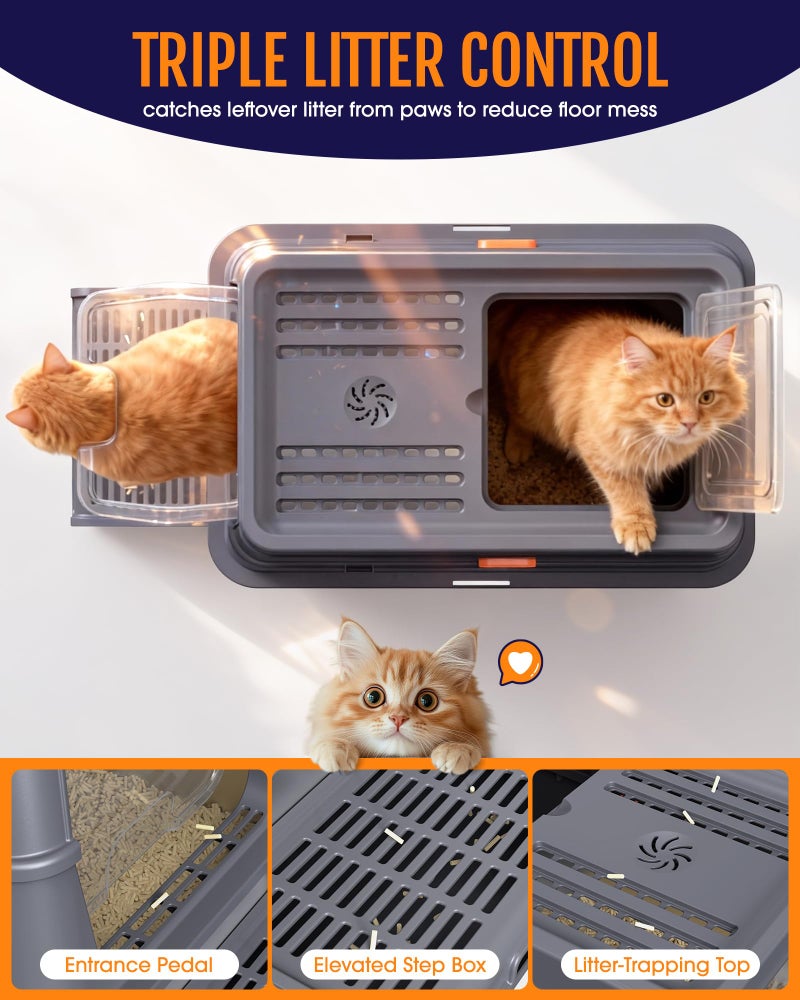 Powools Cat Litter Box - Stainless Steel Litter Box with Lid for Kitty, Metal Base Enclosed Cat Box with Litter Scoop, Elevated Step Box, Activated-Carbon Pack, 17.1" x 13.2" x 15", Grey - Image 2