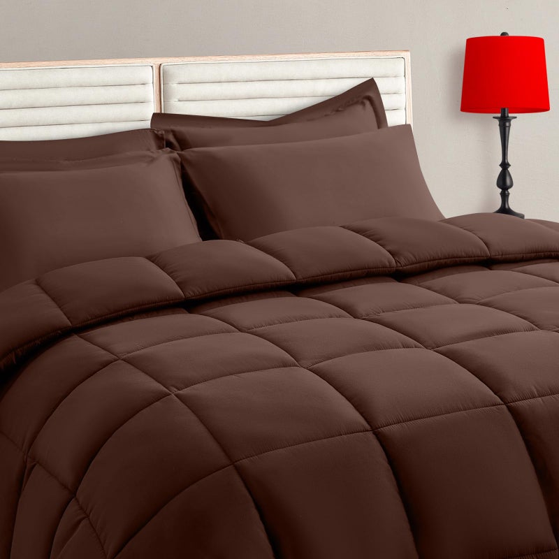 TAIMIT Brown Queen Size Comforter Set - 7 Pieces, Bed in a Bag Bedding Sets with All Season Soft Quilted Warm Fluffy Reversible Comforter,Flat Sheet,Fitted Sheet,2 Pillow Shams,2 Pillowcases - Image 1