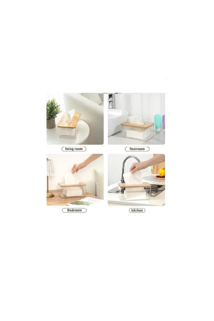 Clear Rectangular Abstract Design Tissue Holder with Bamboo Cover for Facial Tissue Holder in Bathroom, Living Room, Bedroom - Image 3