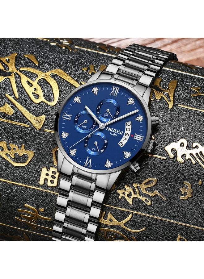NIBOSI - NIBOSI Watches Fashion Analogue Simple Style Black Dial Alloy Strap Waterproof Stainless Steel Watches for Men Gentlemen Husband Boys with Birthday Gift (Silver Blue) - Image 1