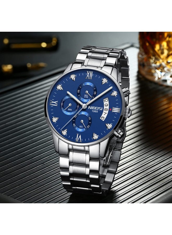 NIBOSI - NIBOSI Watches Fashion Analogue Simple Style Black Dial Alloy Strap Waterproof Stainless Steel Watches for Men Gentlemen Husband Boys with Birthday Gift (Silver Blue) - Image 1