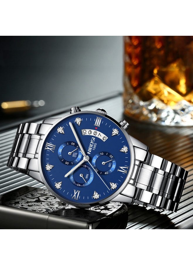 NIBOSI - NIBOSI Watches Fashion Analogue Simple Style Black Dial Alloy Strap Waterproof Stainless Steel Watches for Men Gentlemen Husband Boys with Birthday Gift (Silver Blue) - Image 1