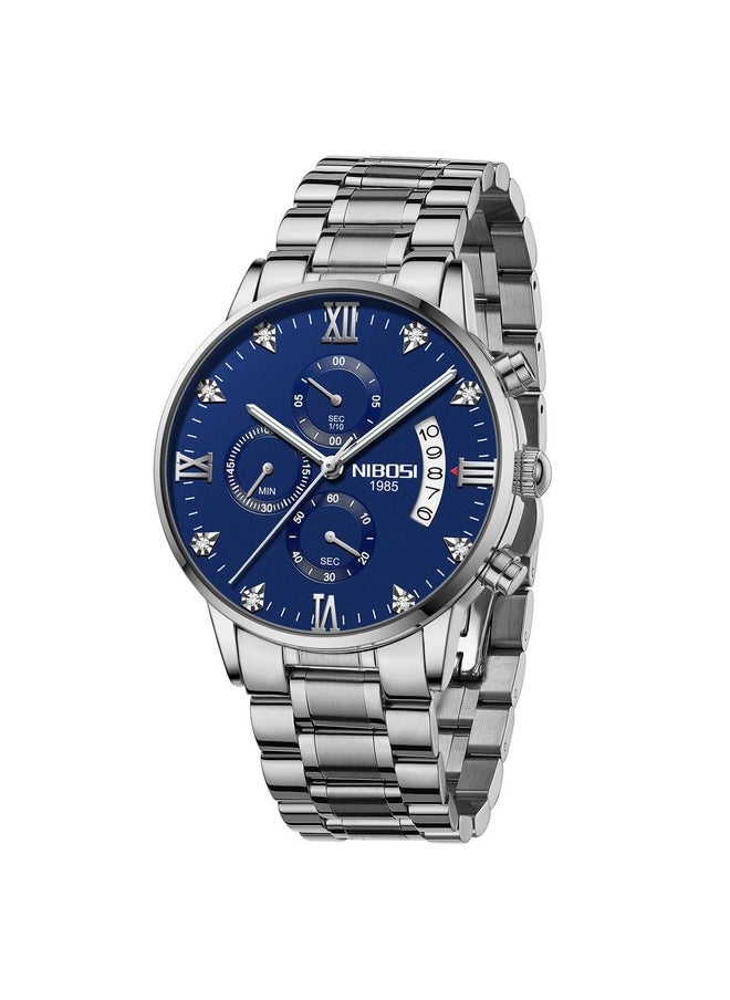 NIBOSI - NIBOSI Watches Fashion Analogue Simple Style Black Dial Alloy Strap Waterproof Stainless Steel Watches for Men Gentlemen Husband Boys with Birthday Gift (Silver Blue) - Image 1