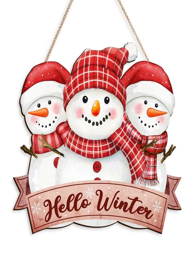 Pigort Hello Winter Welcome Door Sign Winter Welcome Door Snowman Wooden Sign Door Hanger for Christmas Outdoor Farmhouse Porch Front Door Decor 12x12inch (Red) - Image 1