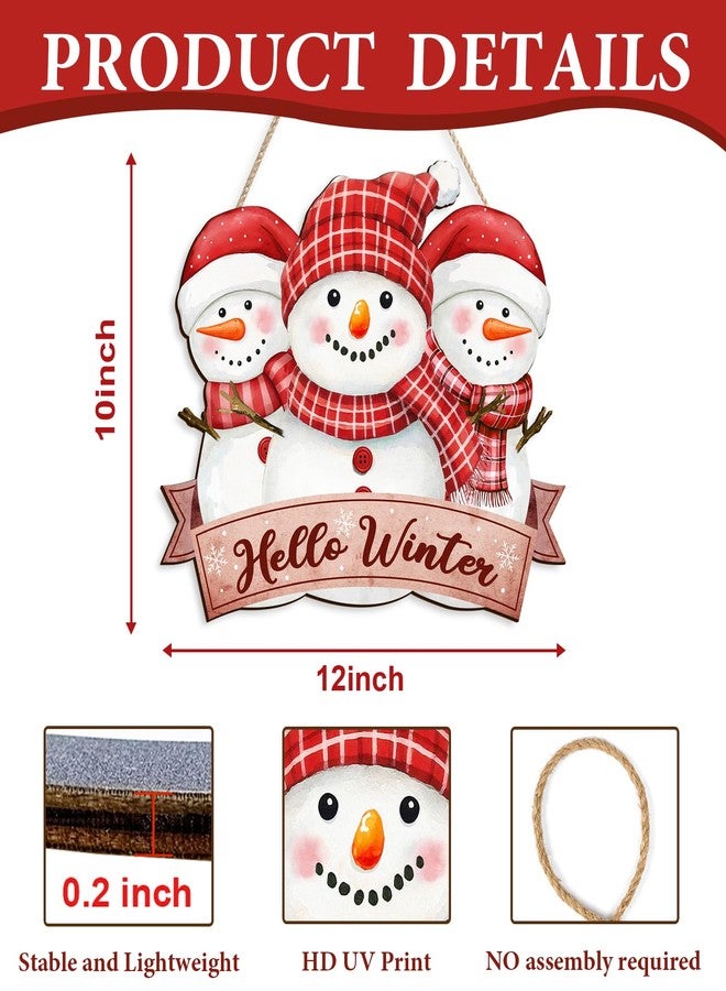 Pigort Hello Winter Welcome Door Sign Winter Welcome Door Snowman Wooden Sign Door Hanger for Christmas Outdoor Farmhouse Porch Front Door Decor 12x12inch (Red) - Image 2
