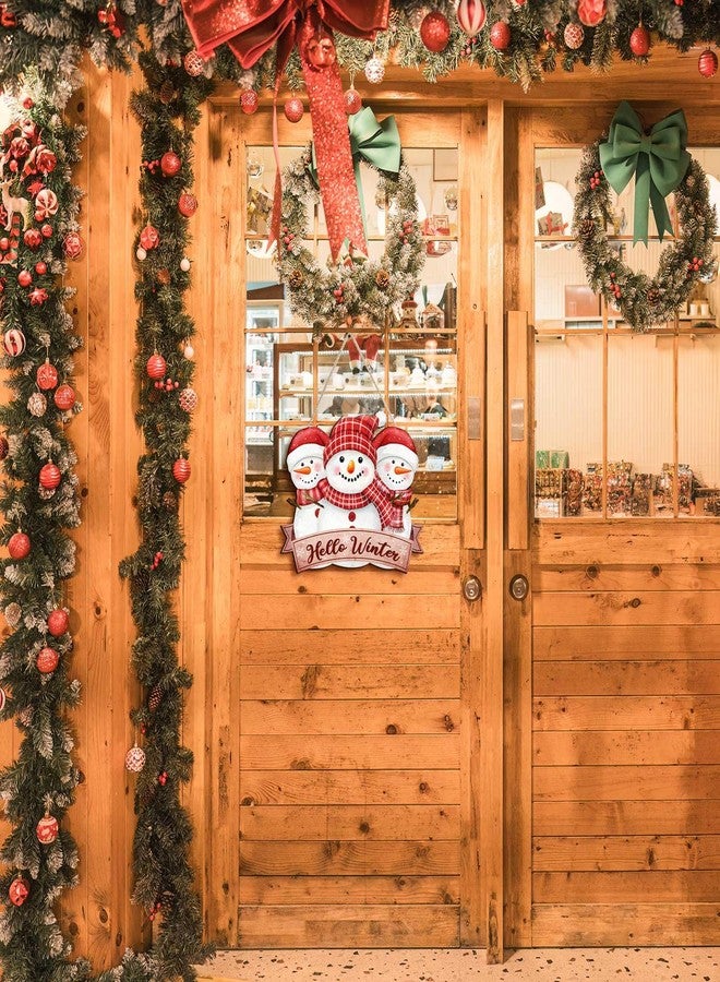 Pigort Hello Winter Welcome Door Sign Winter Welcome Door Snowman Wooden Sign Door Hanger for Christmas Outdoor Farmhouse Porch Front Door Decor 12x12inch (Red) - Image 4