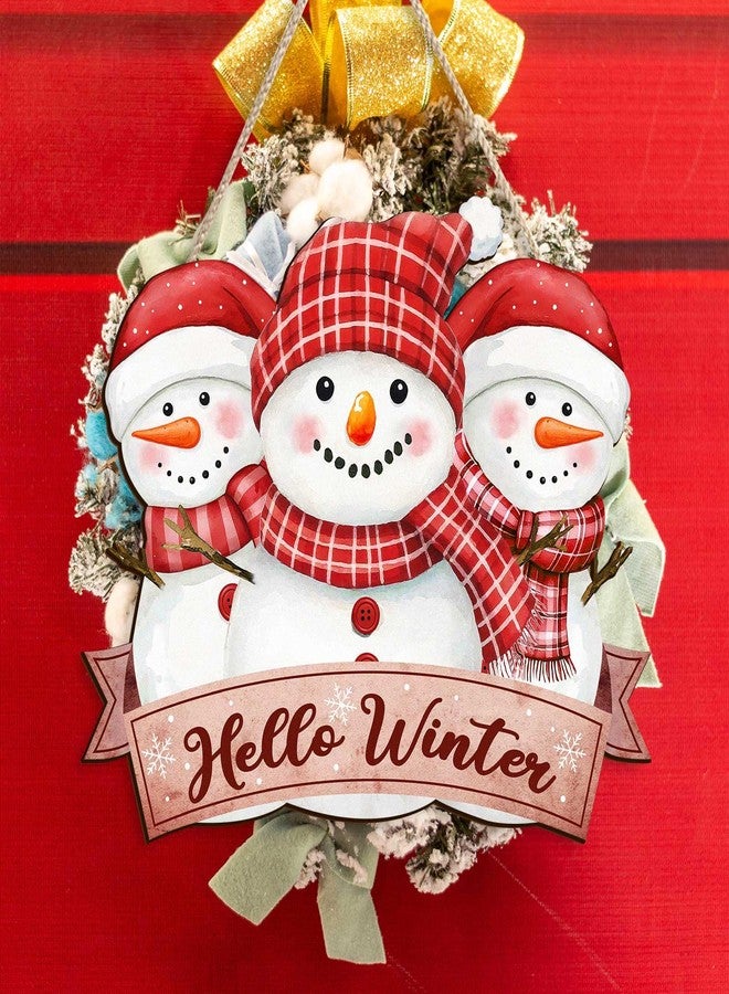 Pigort Hello Winter Welcome Door Sign Winter Welcome Door Snowman Wooden Sign Door Hanger for Christmas Outdoor Farmhouse Porch Front Door Decor 12x12inch (Red) - Image 3