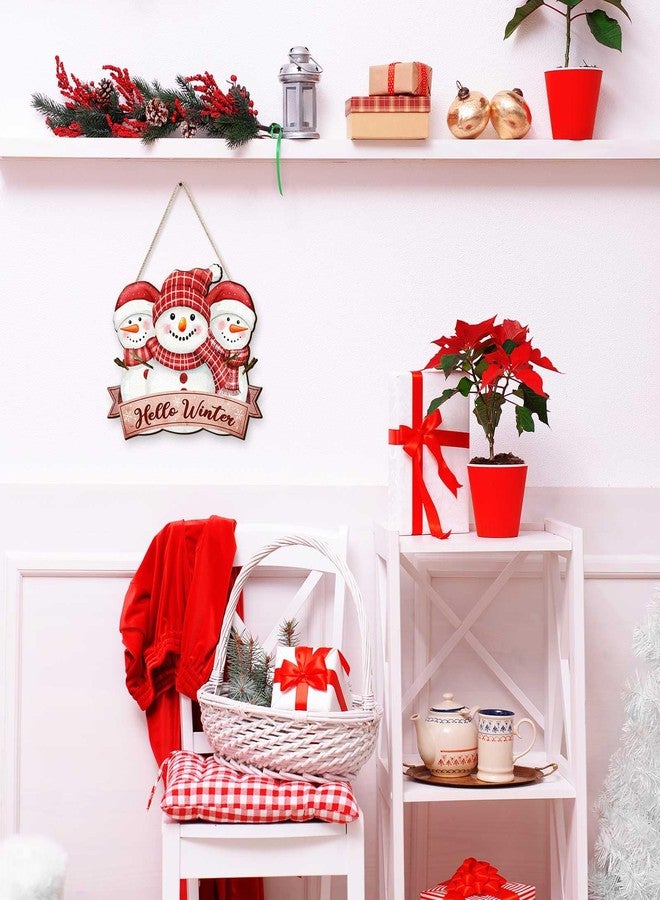 Pigort Hello Winter Welcome Door Sign Winter Welcome Door Snowman Wooden Sign Door Hanger for Christmas Outdoor Farmhouse Porch Front Door Decor 12x12inch (Red) - Image 5