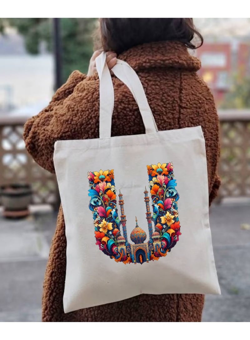 Initial Monogram Tote Bag - Cotton Tote with Initial Design Printed - Perfect for School, Travel and Birthday Gift - Eco-Friendly Canvas Cotton Tote Bag for Women - Gift for Ramadan
