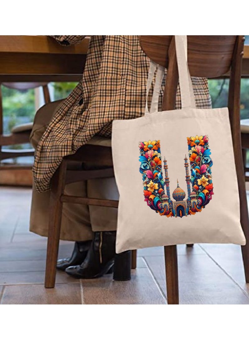 Initial Monogram Tote Bag - Cotton Tote with Initial Design Printed - Perfect for School, Travel and Birthday Gift - Eco-Friendly Canvas Cotton Tote Bag for Women - Gift for Ramadan