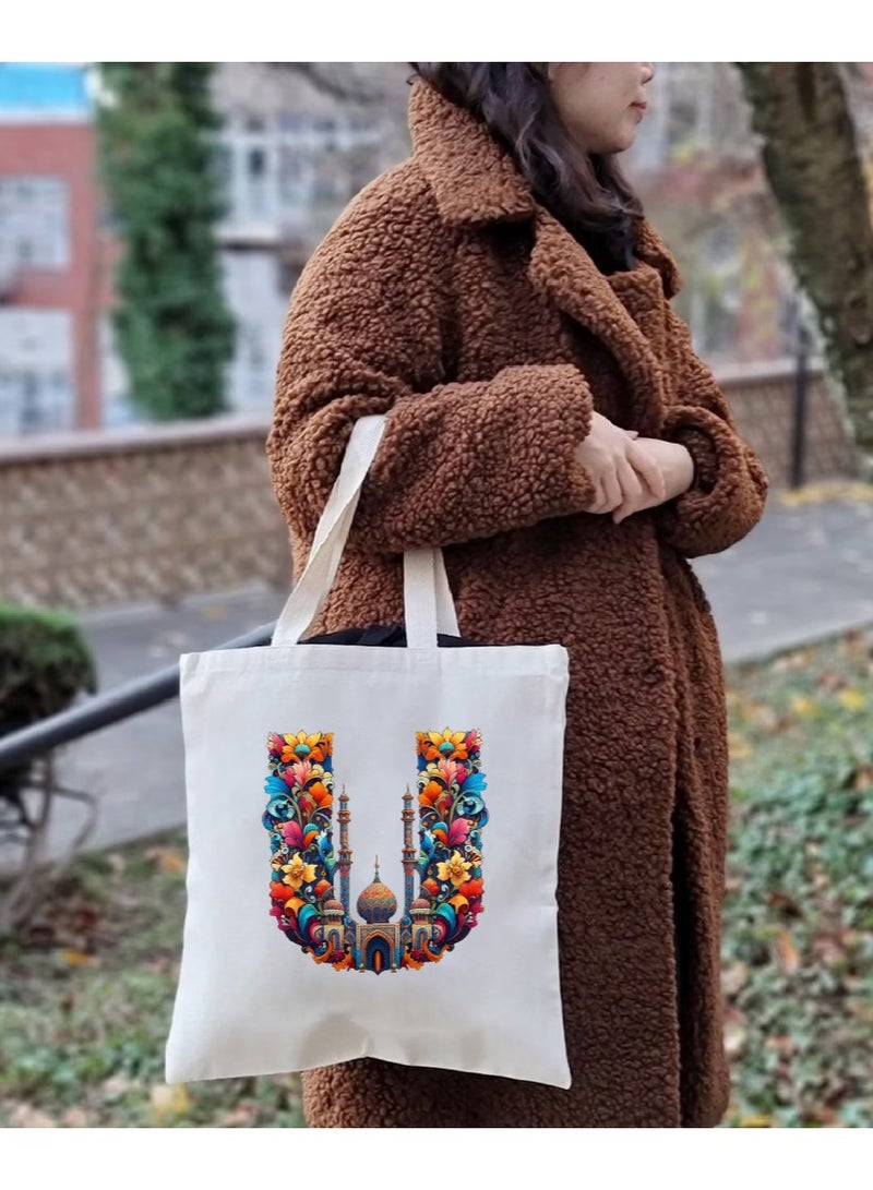 Initial Monogram Tote Bag - Cotton Tote with Initial Design Printed - Perfect for School, Travel and Birthday Gift - Eco-Friendly Canvas Cotton Tote Bag for Women - Gift for Ramadan
