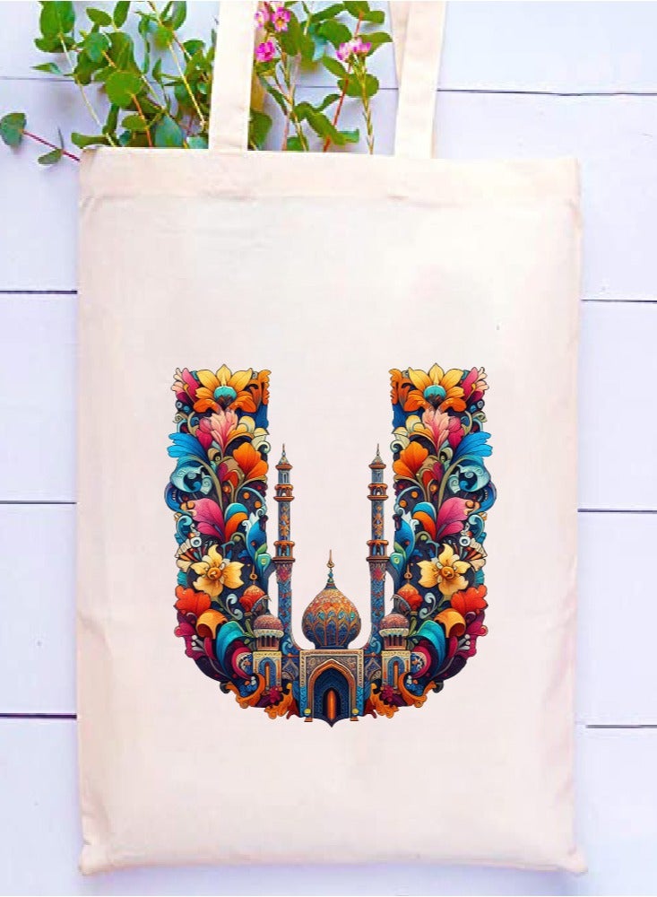 Initial Monogram Tote Bag - Cotton Tote with Initial Design Printed - Perfect for School, Travel and Birthday Gift - Eco-Friendly Canvas Cotton Tote Bag for Women - Gift for Ramadan