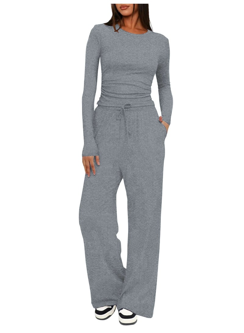 general 2025-2026 TK Solid Color Casual Long-Sleeved Settop Coat High-Waisted Wide-Fitting Pants Sports Outfit - Image 1