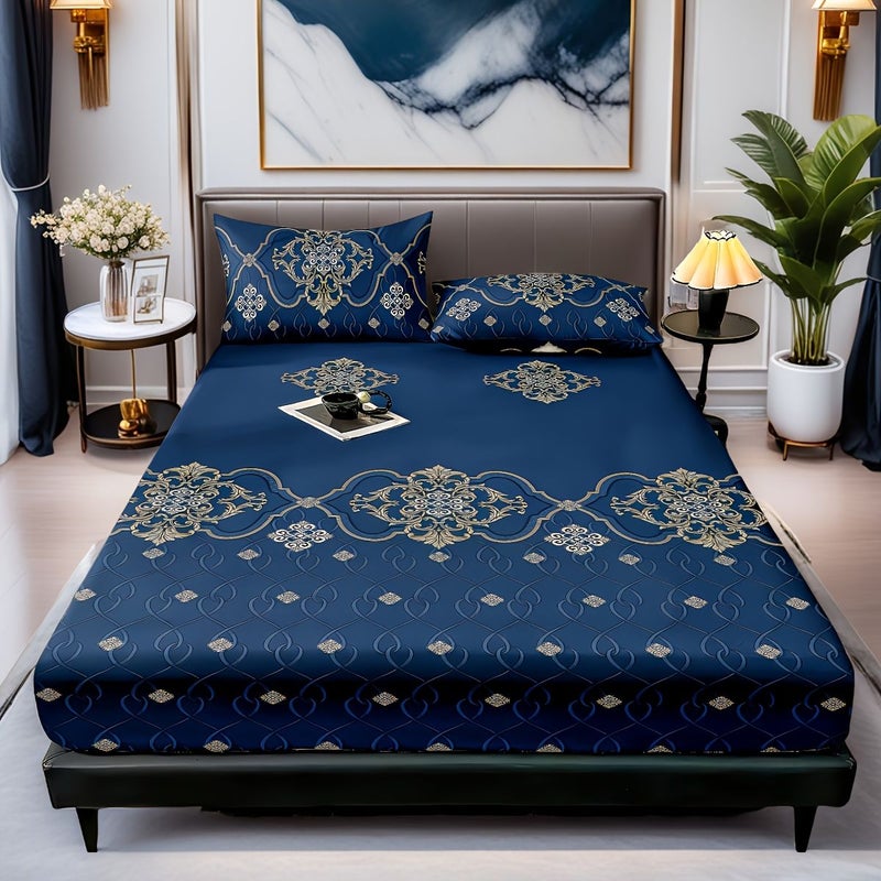 Royal Blue Jacquard Jacquard Bedding Set with Fitted Sheet and 2 Pillowcases - Image 2